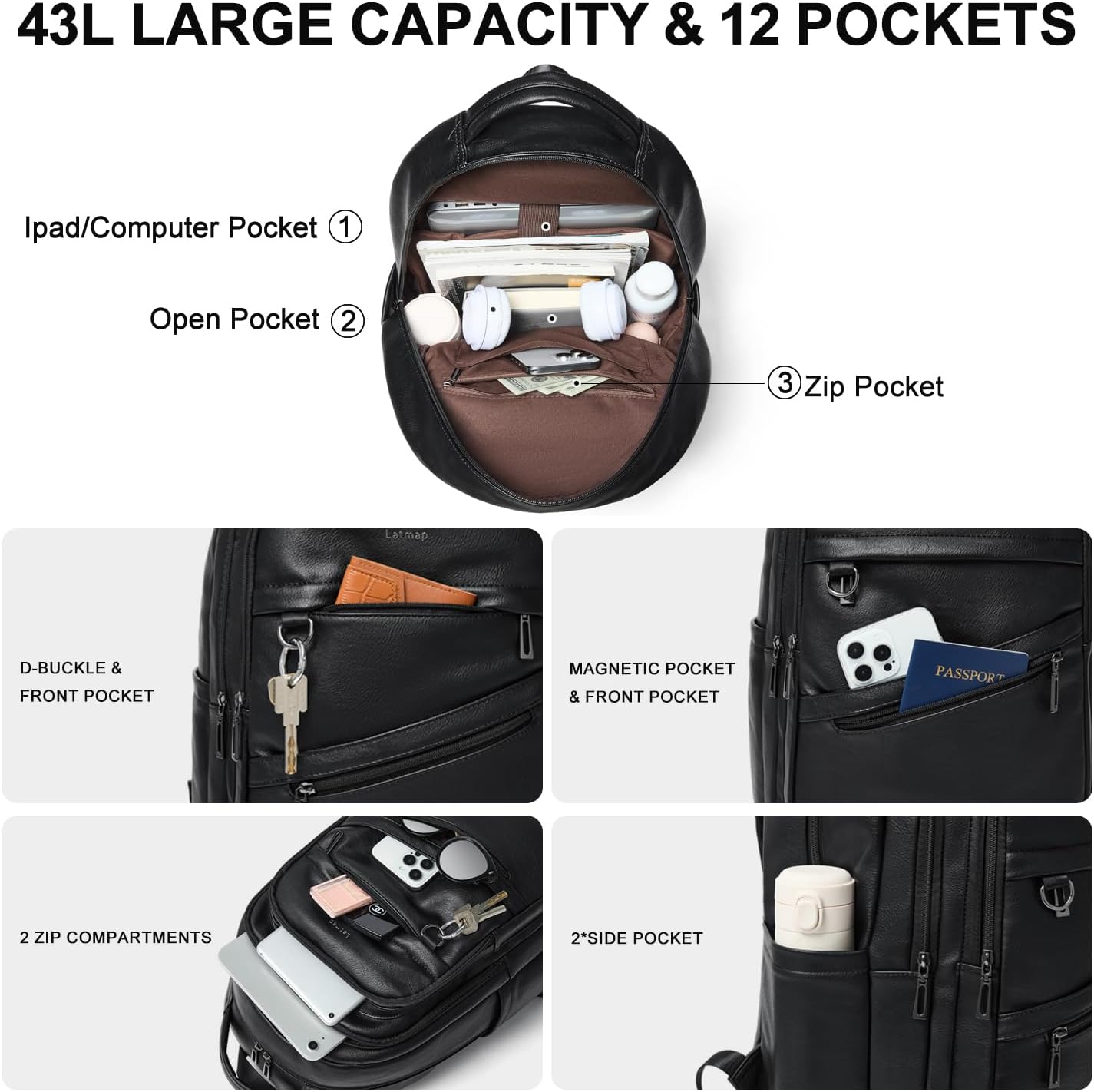 43L Backpack for Women Men - Vegan Leather Backpack Purse Travel Carry-on Bag College Bookbag Work fits 17" Laptop, Black