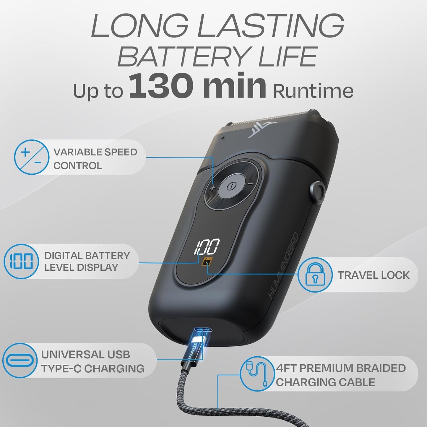 HUMMINGBIRD MK2 Compact Foil Shaver – No Nick, No Cut, No Razor Burn Face Shaver for Men, Portable USB C Rechargeable, Dual Foil Flex Head Electric Razor, LED Display, Travel Head & Facial Groomer