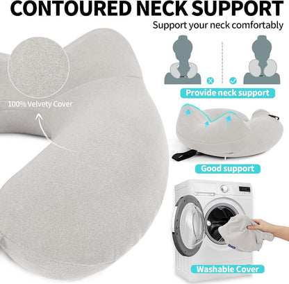 Inflatable Travel Neck Pillow for Airplane, Head Support Velvet Adult Neck Pillow for Long Flight, Kit with Eye Mask, Earplugs and Storage Bag,1, Light Gray