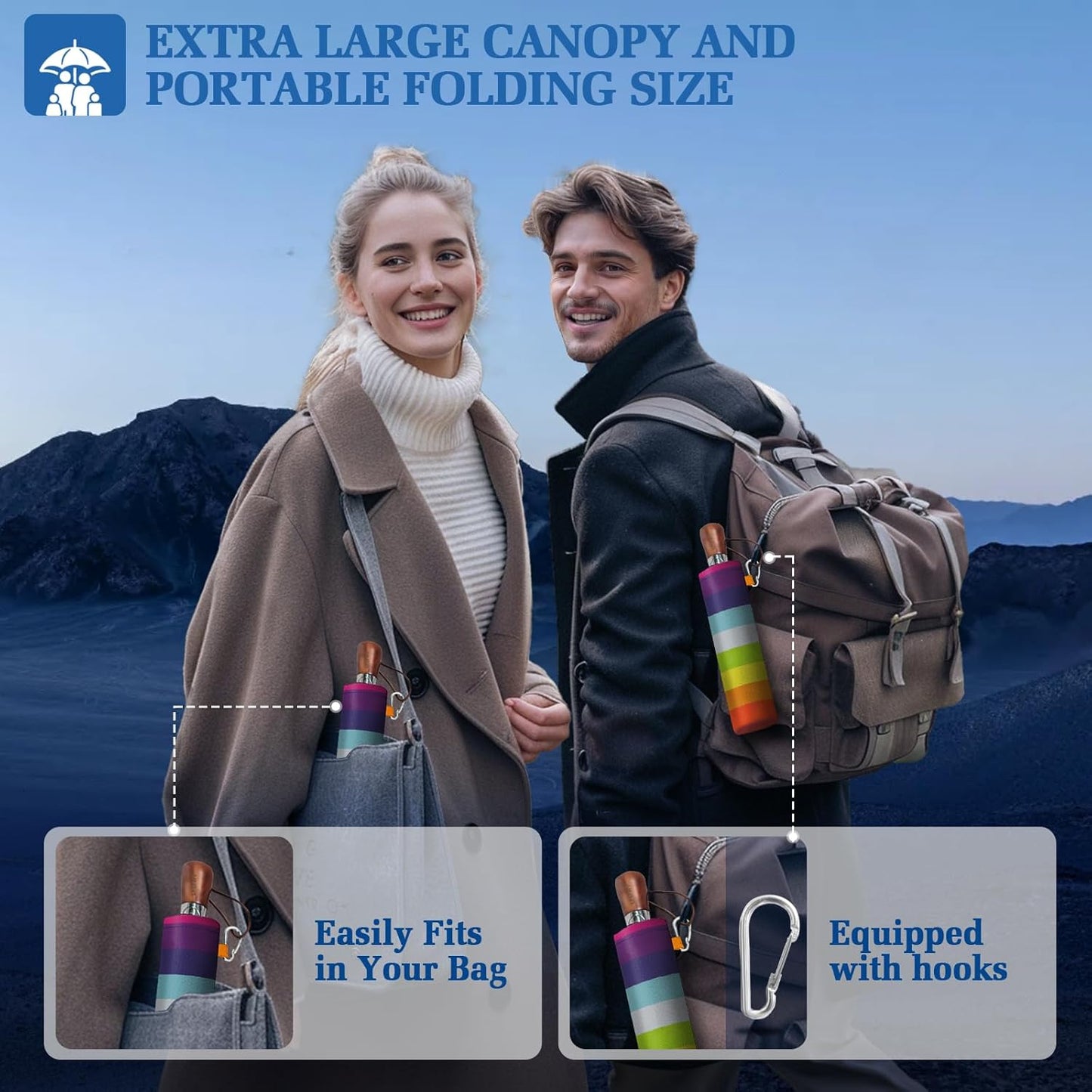 3T Wind Armor Travel Umbrella Compact Easy Auto Open Close Folding Umbrellas for Rain Windproof Umbrella for Women and Men Durable Real Wood Handle Portable Fits Backpack Car