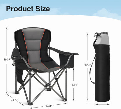 HIGH POINT SPORTS Oversized Portable Camping Folding Chair, Heavy Duty Foldable Outdoor Chair, Camp Chair with Cup Holder and Cooler Bag Support 450 LBS, Black…