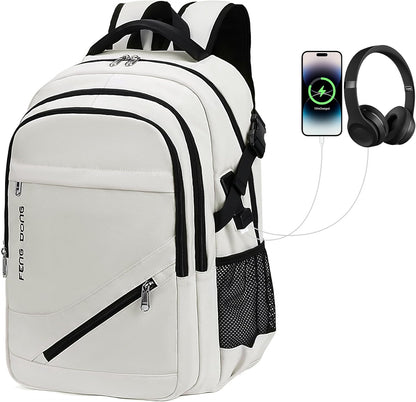 FENGDONG 17.3 inch Large Laptop Backpack Durable Waterproof Travel College Backpack Bookbag for Men & Women Business Backpack with USB Charging Port,Headset Port Beige