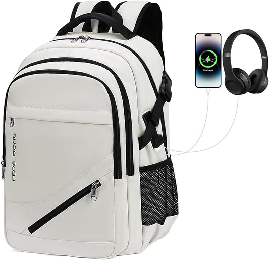 FENGDONG 17.3 inch Large Laptop Backpack Durable Waterproof Travel College Backpack Bookbag for Men & Women Business Backpack with USB Charging Port,Headset Port Beige