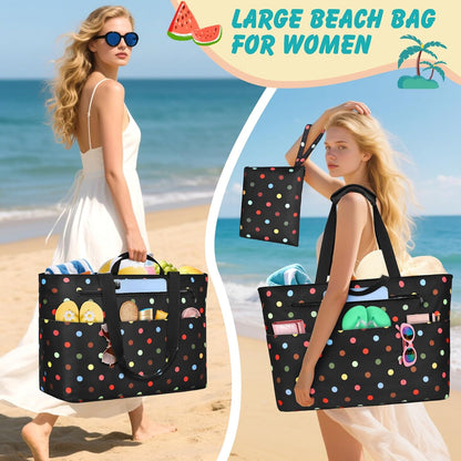 Extra Large Beach Bags for Women, Waterproof Sandproof Beach Tote Bag Zipper Foldable Swim Pool Bag with Wet Pocket