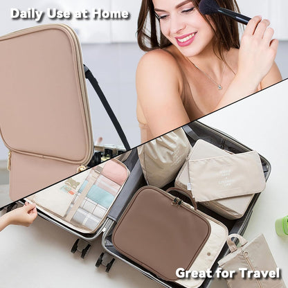 Travel Makeup Bag with LED Mirror and 10x magnifying glass with 3 Lighted Settings, Adjustable Dividers and Makeup Brush Storage Bag Mocha