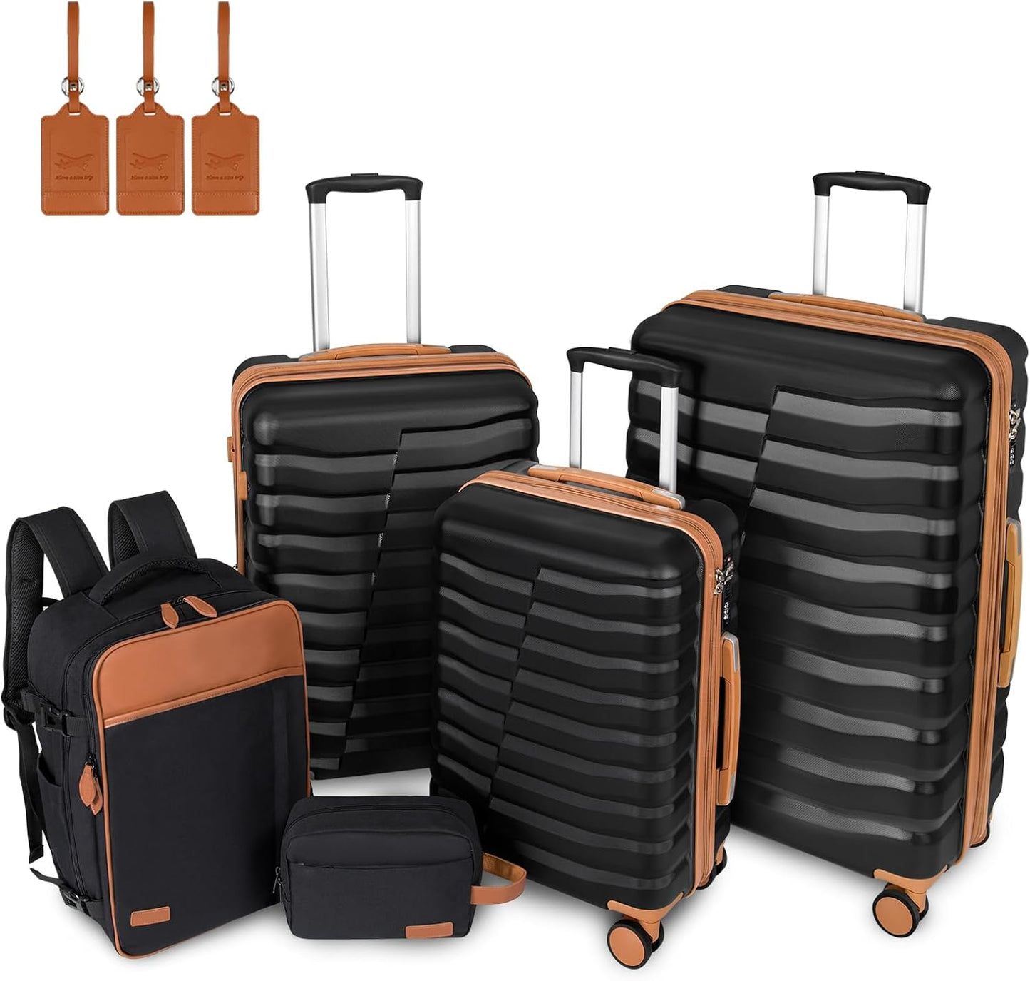 5-Piece Lightweight Luggage with Backpack Sets, ABS+PC Hard Shell Suitcase with TSA Lock & YKK Zipper (Black Brown, 20in/24in/28in/BP/TB)