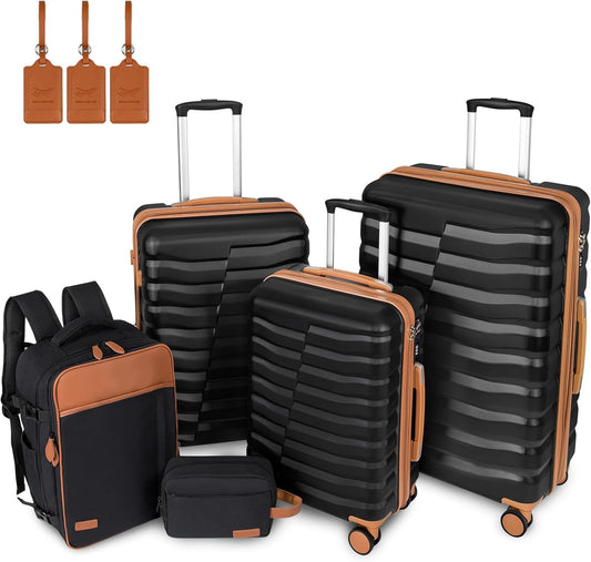 5-Piece Lightweight Luggage with Backpack Sets, ABS+PC Hard Shell Suitcase with TSA Lock & YKK Zipper (Black Brown, 20in/24in/28in/BP/TB)