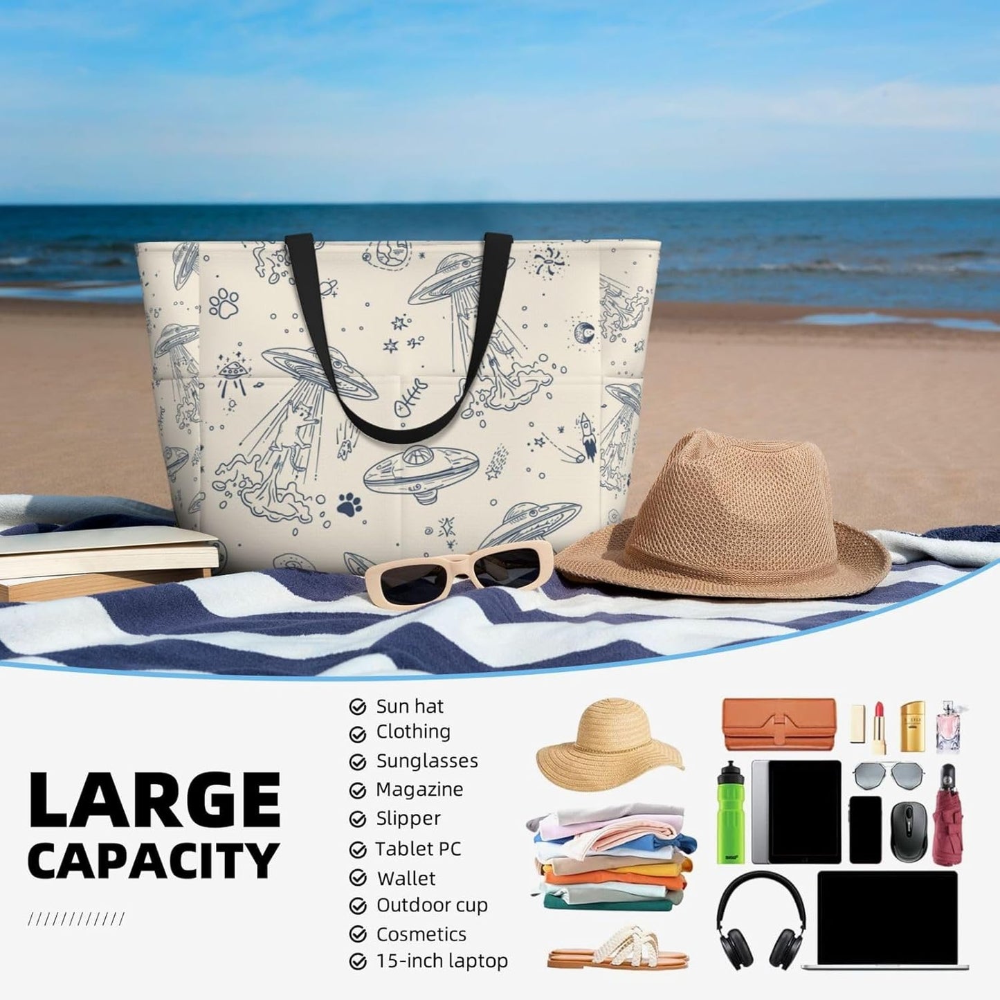Beach Bag for Women Beach Tote Bag Waterproof Sandproof Large Bags with Zipper Big Capacity for Vacation Travel