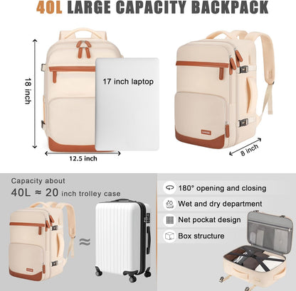 40L Travel Backpack with USB Charging Port, Water-Resistant Carry On Backpack for Men Women, Business Laptop Backpack for Trips & Commutes, Fits 15.6/17.3 Inch Laptop