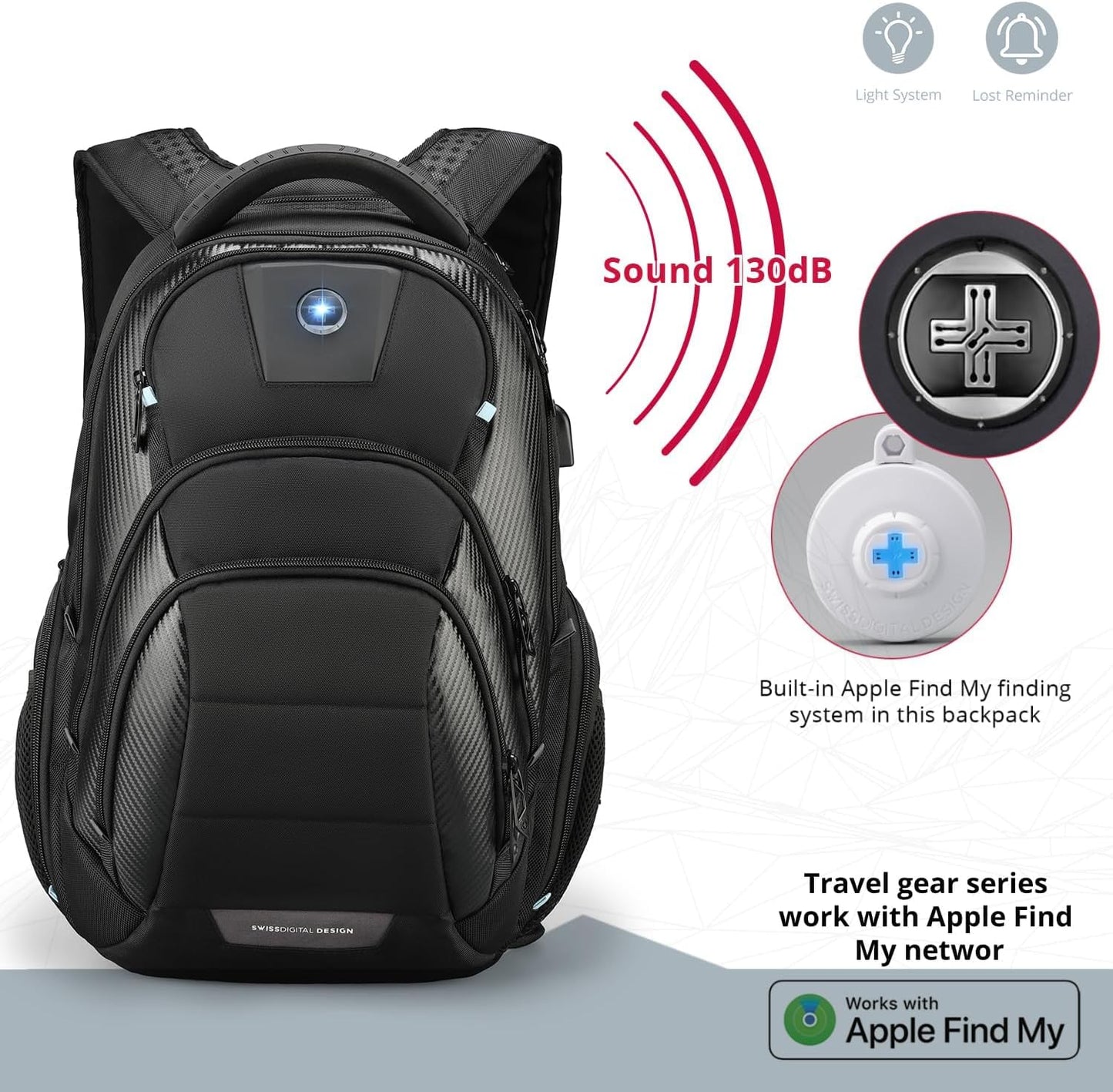 Swissdigital Design TSA Business Laptop Backpack for Men, Large Capacity Travel Backpack with Apple Find My Network and USB Charging Port Tech Backpacks Fits 17 Inch Computer Black| SD1643FB-01