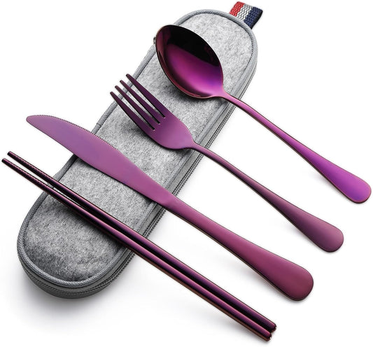 DEVICO Camping Utensils, Portable Travel Utensils with Case, Stainless Steel Reusable Silverware for Lunch Adult, 5Pcs Cutlery Set Includes Knife Spoon Fork Chopsticks and Case (Purple)