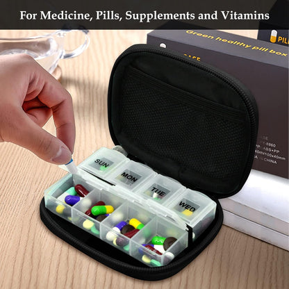 Serfeymi Weekly Travel Pill Organizer Pill Case for Purse with Removable 7 Day Pill Box, Fashionable Travel Medicine Organizer Pill Container for Medicine, Vitamin, Supplement - Brown 02 + Pill Box