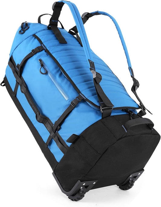 Rolling Duffle Bag with Wheels,86L 30”Folding Duffle Backpack with 2 Wheels,Travel Bag with Separate Shoe Compartment,Blue