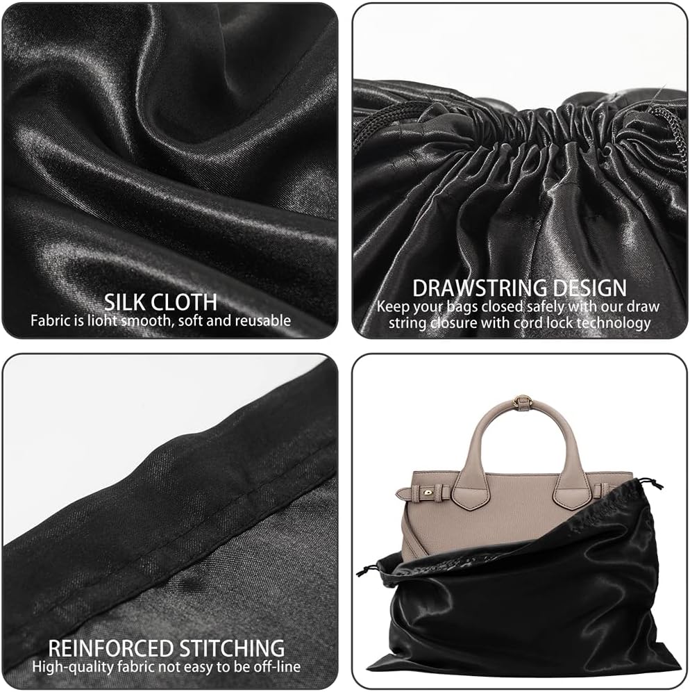 6 Pack Dust Bags for Handbags Silk Dust Cover Bag for Handbags Purses Shoes Boots, Silk Dustproof Drawstring Bag Travel Storage Pouch (Black, 23.6 × 19.6 in)
