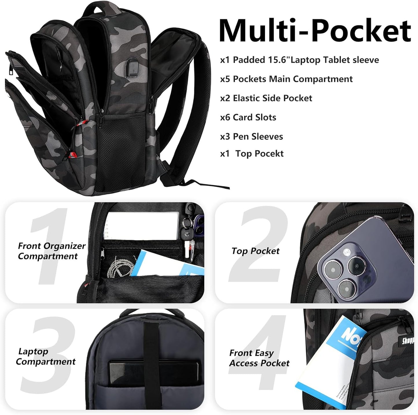 Backpack for Men Women, School Backpack with USB Charging Port, Anti Theft Carry On Flight Approved Business Work Travel 15.6 Inch Computer Laptop Backpack, BookBag for teen, Camo