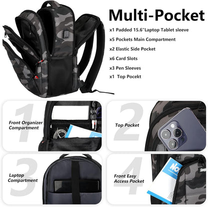 Backpack for Men Women, School Backpack with USB Charging Port, Anti Theft Carry On Flight Approved Business Work Travel 15.6 Inch Computer Laptop Backpack, BookBag for teen, Camo