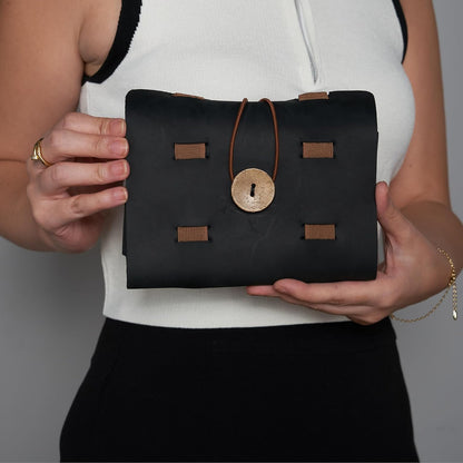 HARDISTON Genuine Leather Electronic Cable Organizer Bag Handmade Travel Cord Organizer Roll Case for Hard Drives, Cables, Charger, Phone, USB, SD Card (Medium - Black)