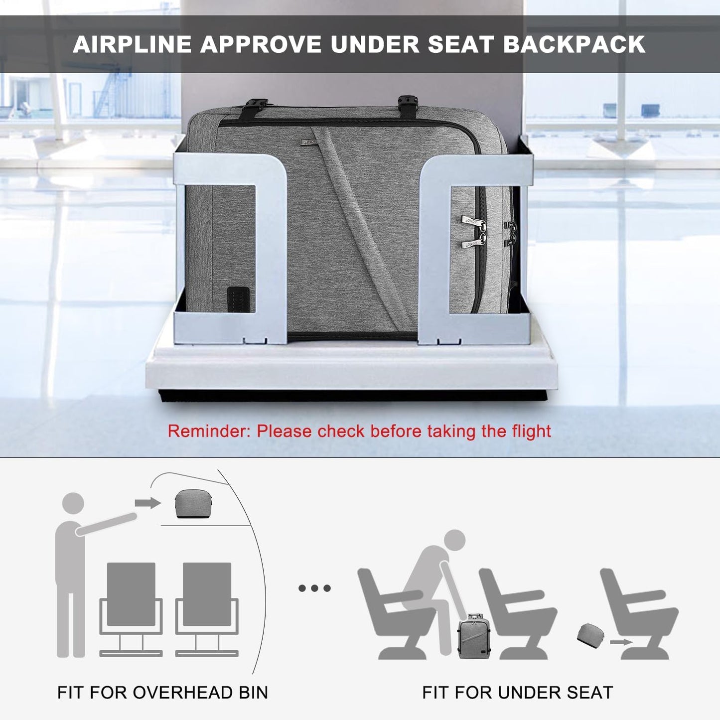 Kono Carry on Backpack, 18" Airplane Approved Under Seat Travel Backpack for Men and Women, Waterproof Lightweight Daypack for Flight 30L (Grey, Medium)