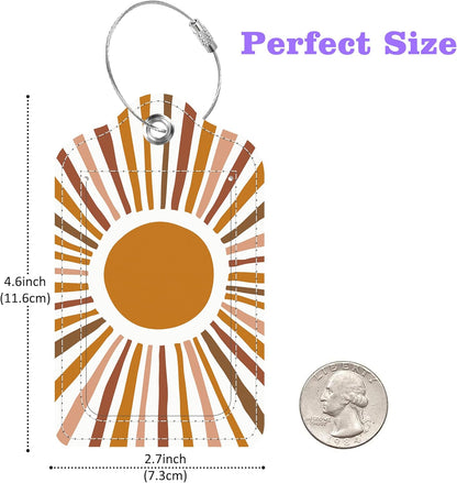 Scandinavian Style Abstract Sun Luggage Tags 2PCS PU Leather Suitcases Tag with Stainless Steel Loop and Privacy Name Address Cover Label Card for Women Men Travel