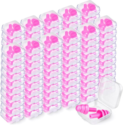 TrelaCo 100 Pairs Ear Plugs Bulk, NRR 29dB Reusable Silicone Ear Plugs with Plastic Cases Soft Foam for Sleeping Noise Cancelling for Concerts Shooting Swimming Noise Reduction(Pink)