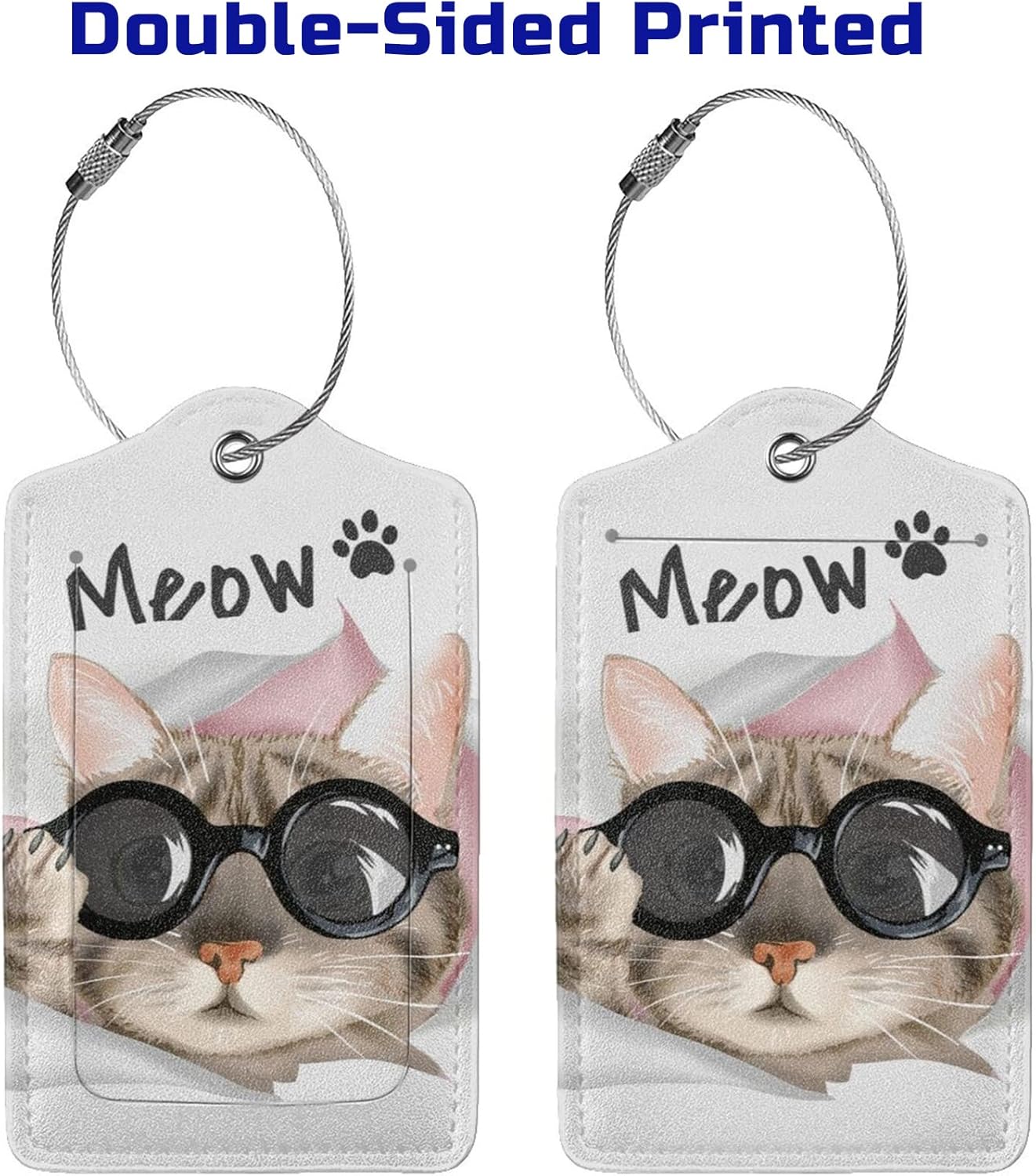 2 Pack Cute Cat Luggage Tags for Kids Girls Women Travel Funny Animal with Sunglasses Print on PU Leather Bag Tags Accessories Privacy Cover ID Label with Stainless Steel Loop for Backpack Suitcase