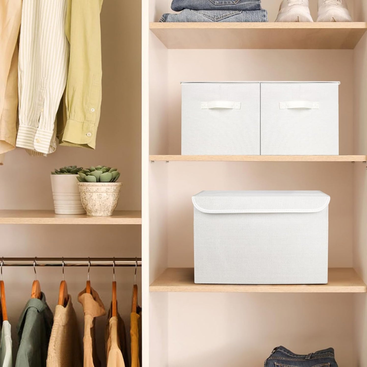 Large 22 Quart Linen Fabric Foldable Storage Bin Cube Organizer Basket with Flip-Top Lid & Handles, Clothes Blanket Box for Home, Office, Closet, White, 4 Pack 14.6 x 9.5 x 9.5”