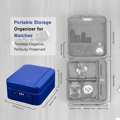 KAMIER Watch Case with Combination Lock - 4 Watch Storage and Jewelry Organizer - Watch Travel Case for Ring and Watch Storage, PU Leather Travel Watch Case, Ideal for Gift (With Gift Box),Blue