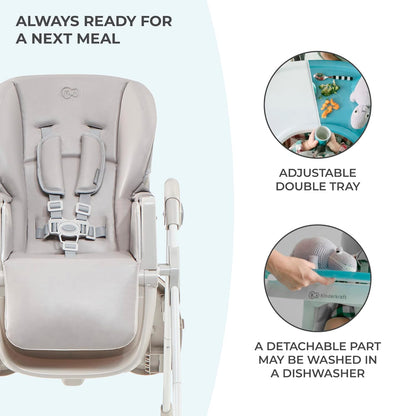 Kinderkraft Highchair Yummy, Baby Chair, Ergonomic, Comfortable, Reclining, Foldable, with Ajustable Height, Footrest, Detachable Double Tray, for Toddler, from 6 Month to 3 Years, Gray