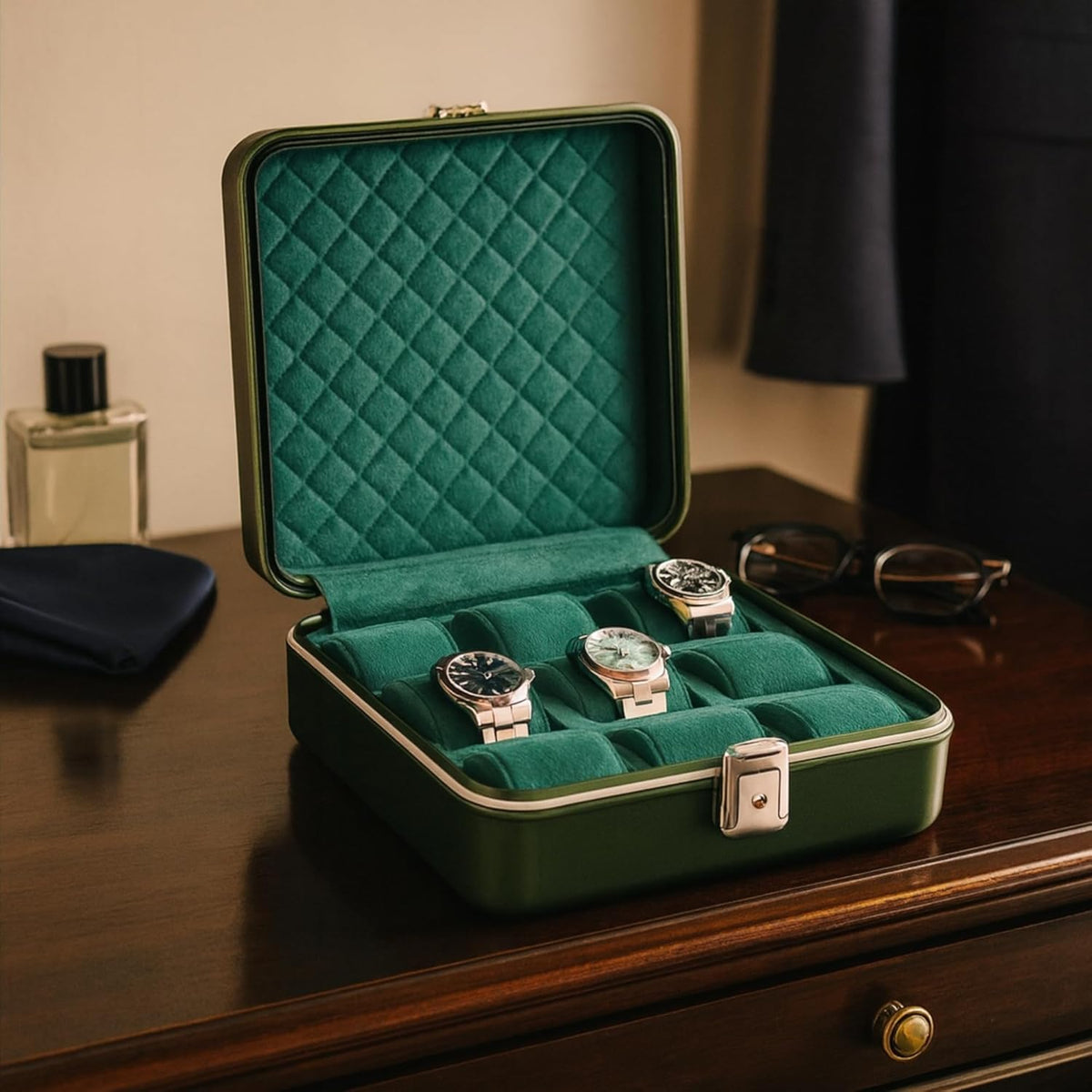 Bey-Berk Prague Aluminum Watch Case in Hunter Green – 9-Slot Locking Travel Box with Soft Interior for Watch Storage