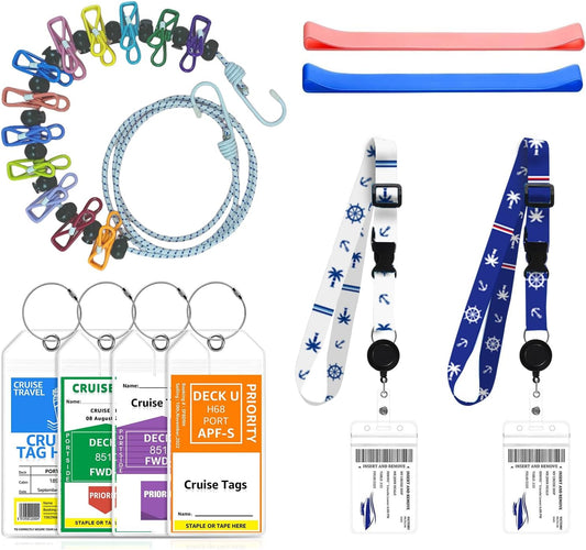 Cruise Ship Essentials, Cruise Luggage Tags, Lanyards for Cruise Ship Cards, Beach Towel Bands, Travel Clothesline, Cruise Essentials 2025 Set Works with All Cruise Lines