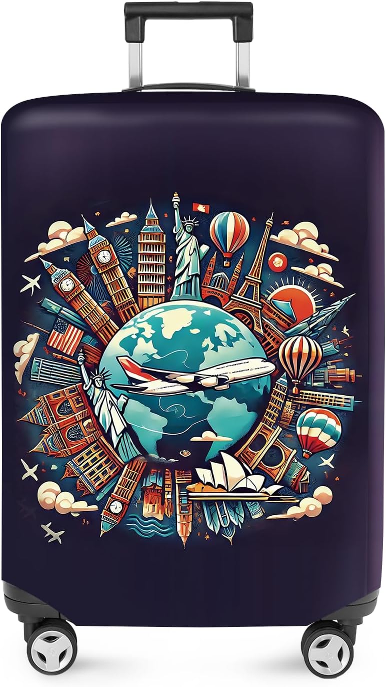 ANNA QUEEN World Landmarks Luggage Cover, Dark Travel-Themed Suitcase Protector with Airplane & Globe Design, Stretchable, Washable Luggage Sleeve for 24-26 Inch Suitcases