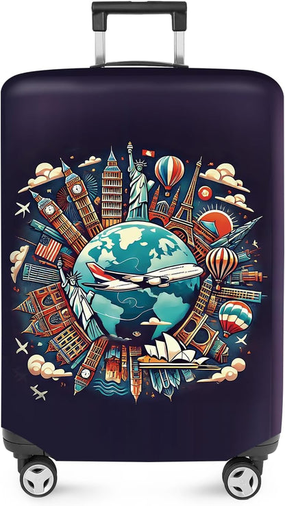 ANNA QUEEN World Landmarks Luggage Cover, Dark Travel-Themed Suitcase Protector with Airplane & Globe Design, Stretchable, Washable Luggage Sleeve for 24-26 Inch Suitcases