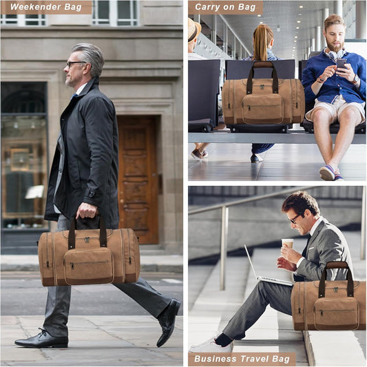 Litvyak Duffle Bag for Travel, 50L Canvas Travel Duffel Bags Overnight Weekend Gym Carry On Luggage Bag for Men & Women(Coffee+Toiletry Bag)