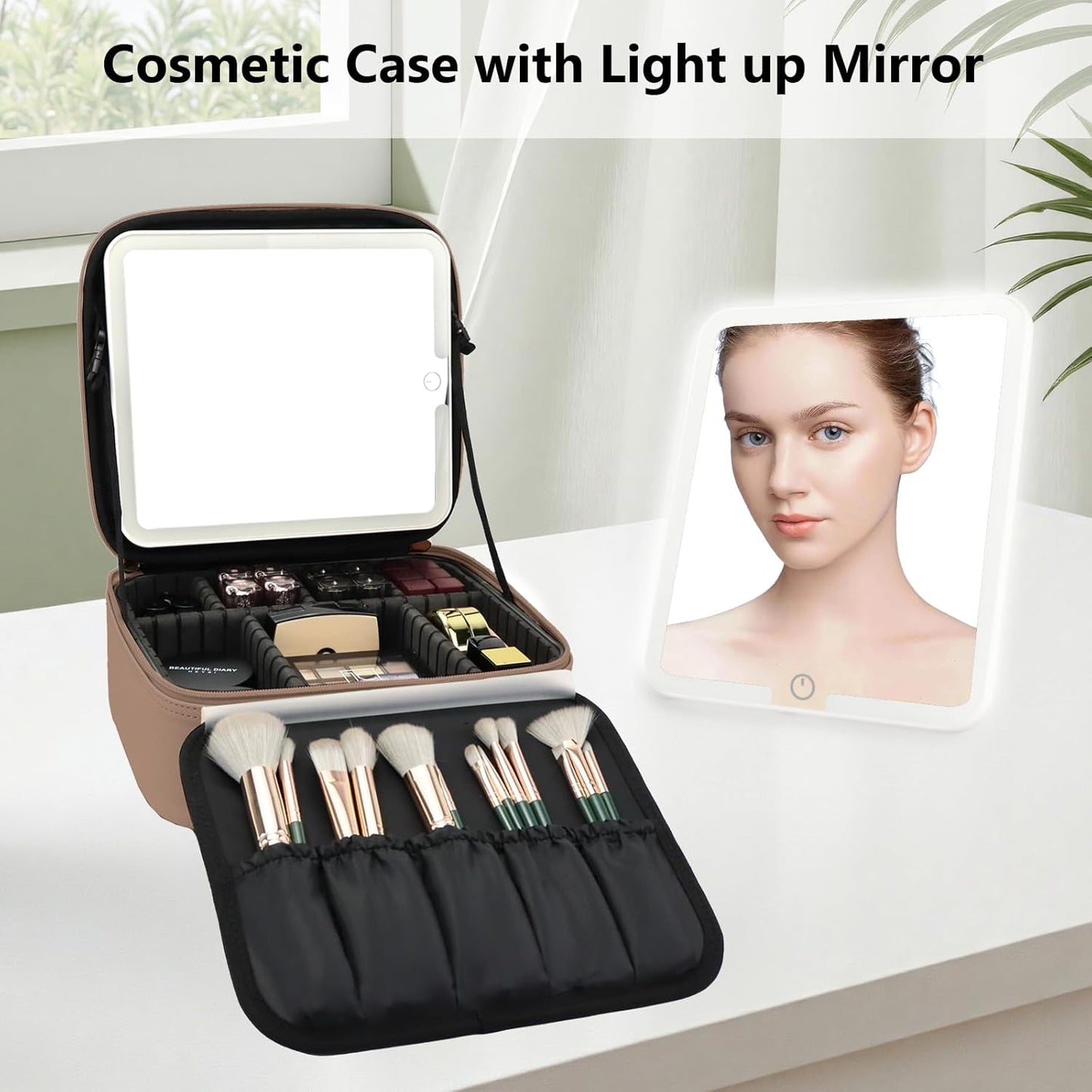 Travel Makeup Bag with LED Mirror Travel Makeup Organizer with 3 Lighted Settings, Adjustable Dividers and Makeup Brush Storage Bag Mocha