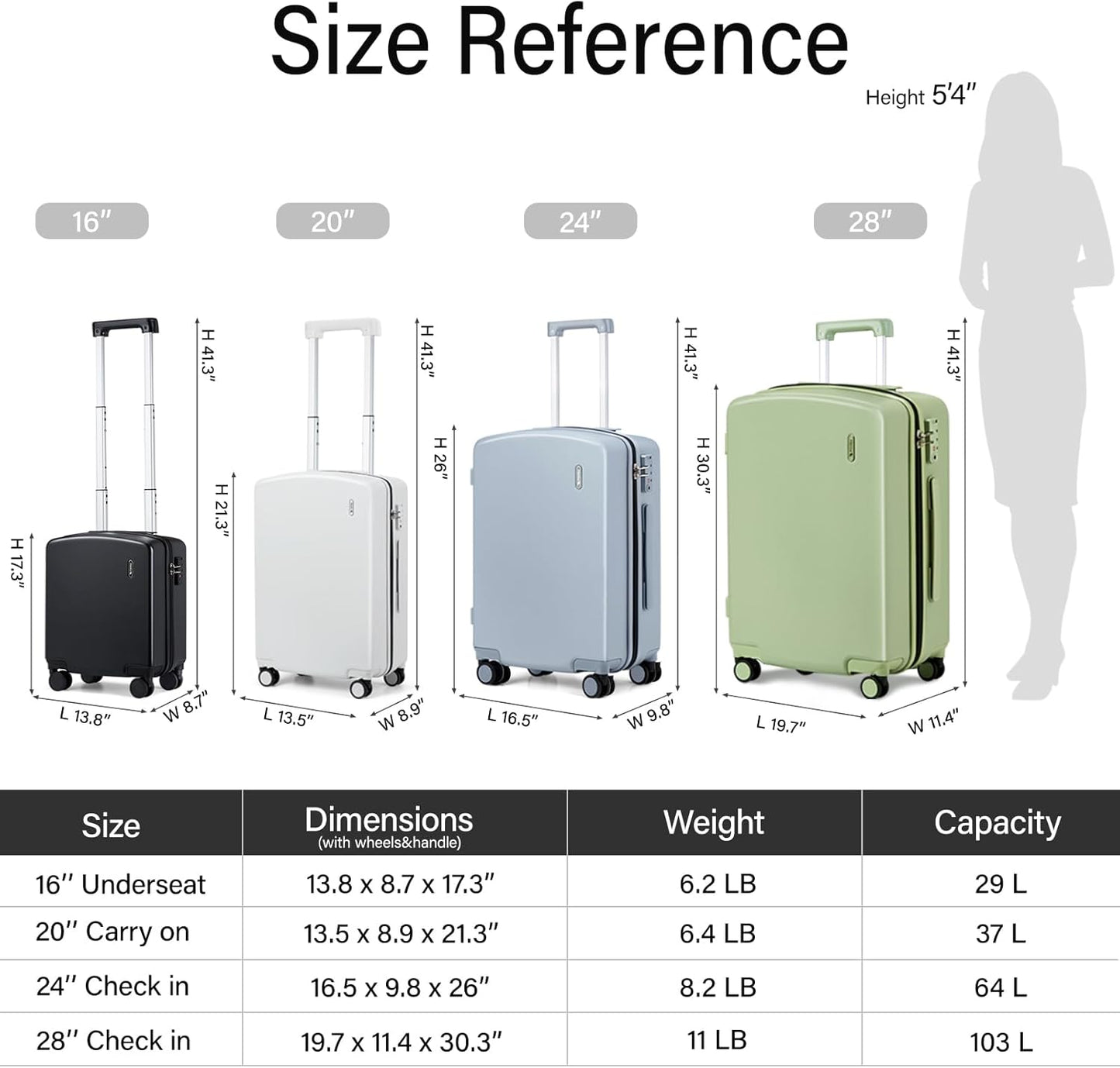 Hanke 16 Inch Underseat Carry On Luggage, Airline-Approved Hard Shell Small Suitcase with Spinner Wheels, Lightweight Tsa Lock Travel Luggage for Short Trips(Jet Black)