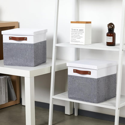 Temary Foldable Fabric Storage Bins with Lids, 2-Pack Storage Bin for Organizing Living Room, Closet Organization, Multi-Purpose Storage Boxes for Clothes (White&Grey, 10.5x10.5x10.5in)