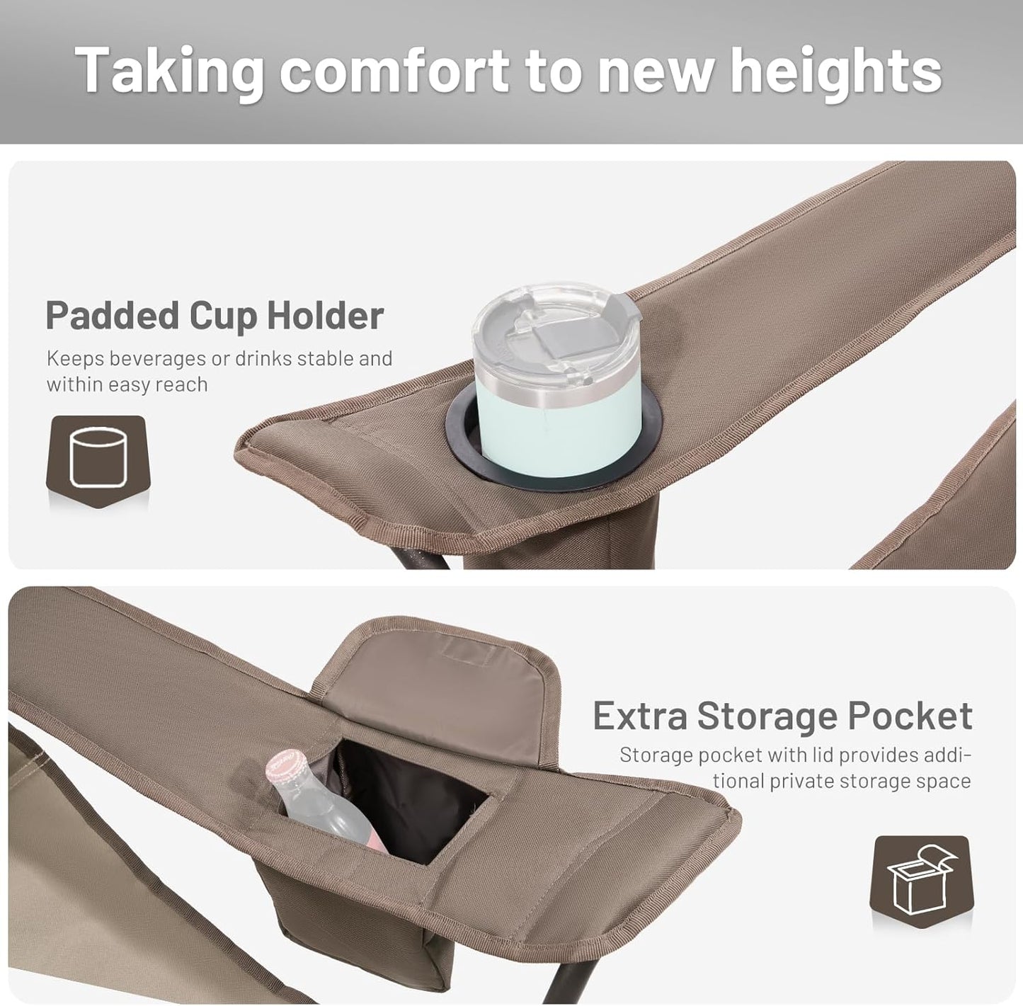 TIMBER RIDGE Oversized Folding Camping Chair for Adults, Support 550 LBS Heavy Duty with Cup Holder Side Pocket for Camp, Lawn, Picnic, Tan, 2 Pack