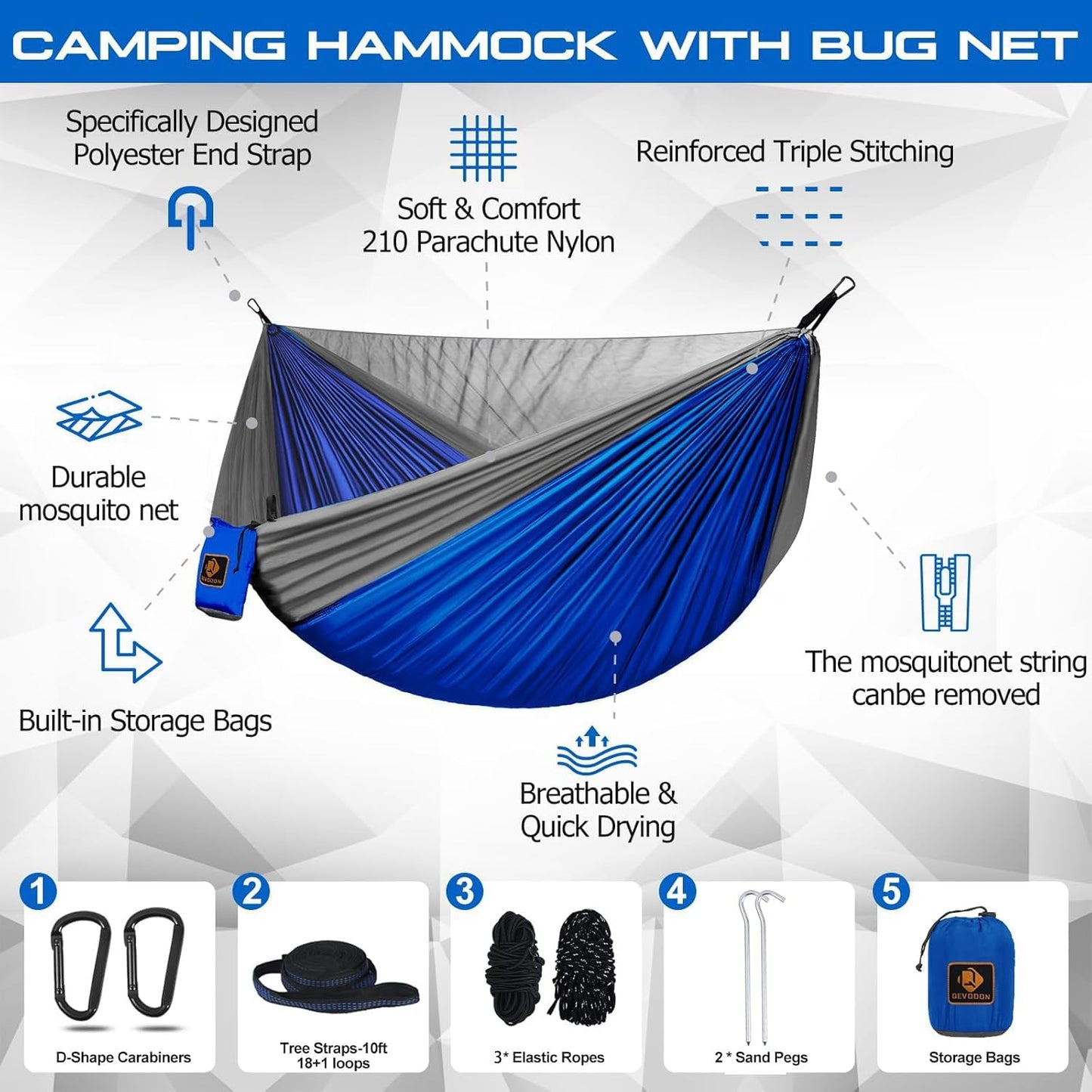Camping Hammock, Portable Hammocks with Mosquito Net,Lightweight Nylon Parachute Hammock with 10ft Tree Straps,Camping Gear Must Haves for Travel Hiking Backpacking Beach Patio-Blue&Grey