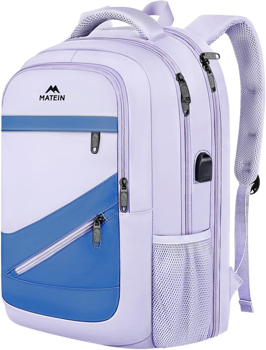 MATEIN Womens College Backpack, Stylish Casual Bag with Trolley Sleeve Fits 17 Inch Laptop, Water Resistant Work Commute Daypack with USB Charging Port, Graduation Gifts, Purple Blue