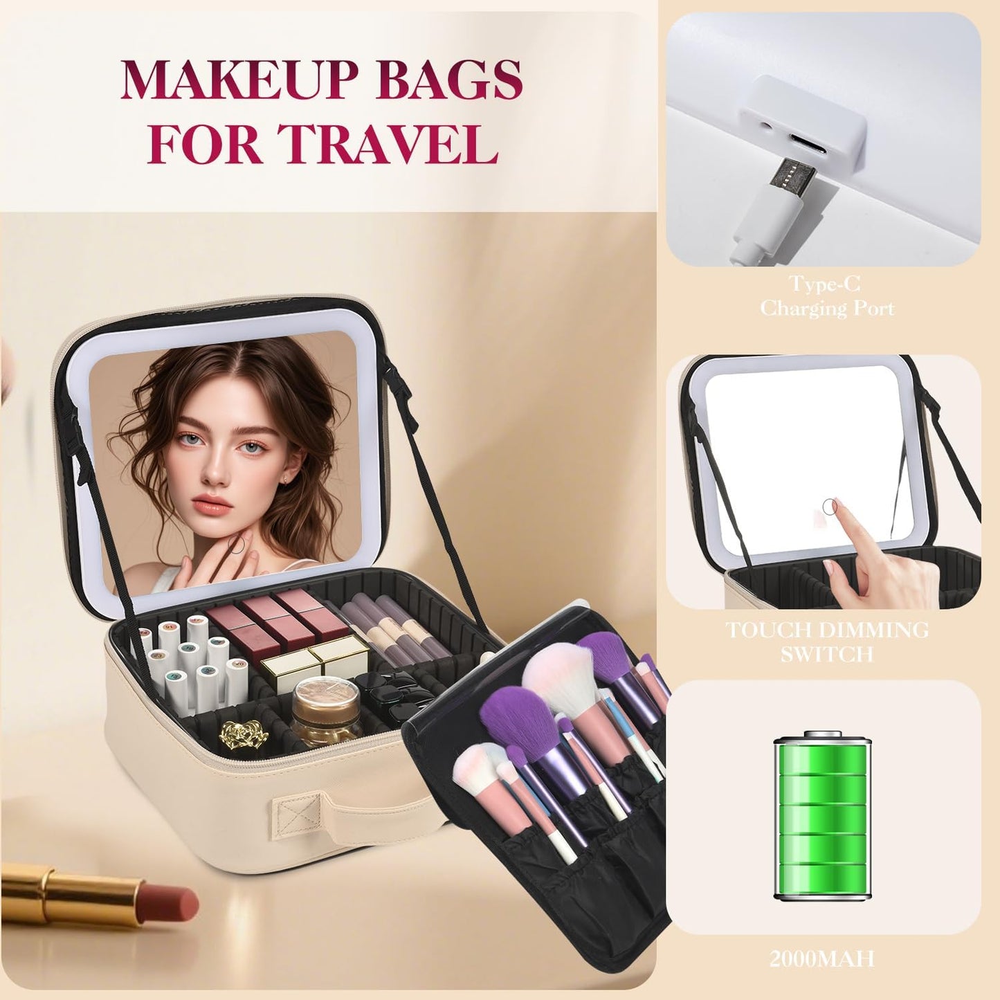 Travel Makeup Bag With LED Mirror,Makeup Travel Train Case with 3 Color Setting,Cosmetic Makeup Organizer Bag with Adjustable Dividers,Portable Make up Bag with Makeup Brush Holder Storage（Beige）