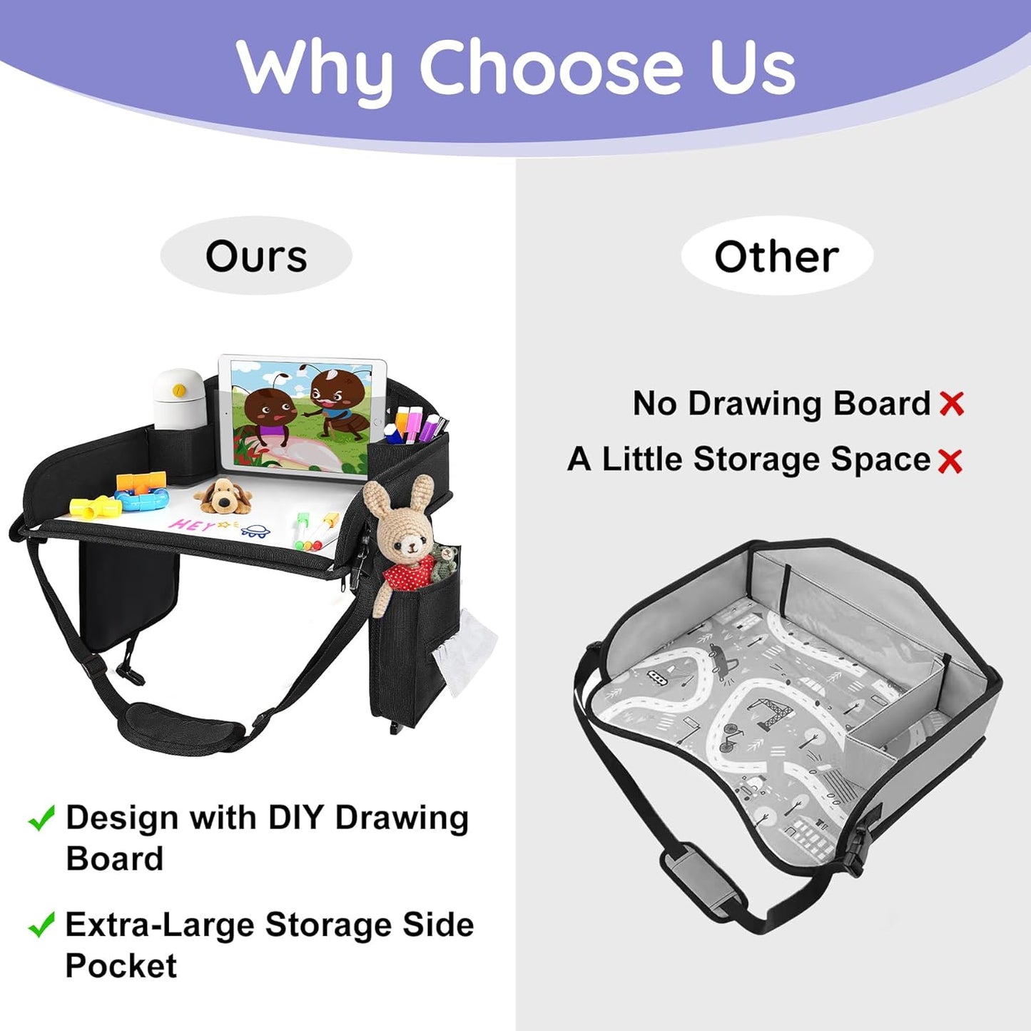 2Pcs ‎Kids Travel Tray, Kids Travel Trays for Car Seat, Road Trip Essentials for Toddler, Carseat Lap Tray with Dry Erase Board & Storage Organizer for Road Trip Activities for Kid, Black