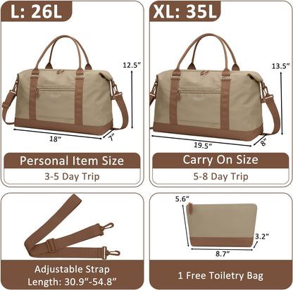 Travel Duffle Bag for Women, Weekender Bags, Hospital Bag for Labor Delivery, Lightweight Tote Duffel Overnight Bag with Luggage Sleeve, Airplane Travel Bags with Toiletry Bag, Large, Khaki