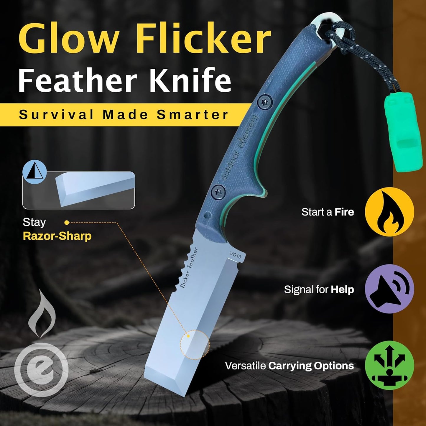 OUTDOOR ELEMENT Flicker Feather Knife Wise Owl GLOW - Right-Handed Survival Chisel Blade for Camping, Hunting, Culinary Knives & Bushcraft - Fixed Blade with Sheath, Firestarter and Emergency Whistle