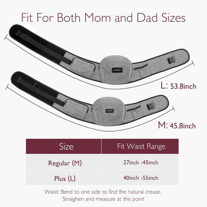 Momcozy Hip Seat Baby Carrier - Adjustable Waistband with Original 3D Belly Protector, Ergonomic Carrier with Various Pockets for Toddlers up to 45lbs (Grey, Medium 27-45IN)