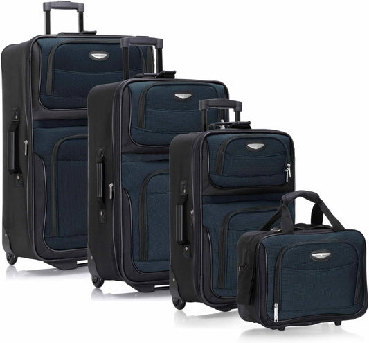 Travel Select Amsterdam 4-Piece Softside Expandable Rolling Luggage Set, Lightweight 2-Wheel Suitcases, Packing Cubes & Travel Tote, Durable Polyester Construction, Navy