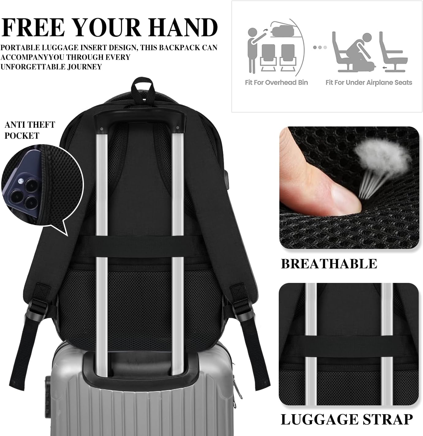 Black Backpack for Men Women, School Backpack for Boys Girls Teens, 15.6 Inch Laptop Backpacks with USB Port, Water Resistent Book bag, Work College Bookbag, back pack, Mochila para hombre