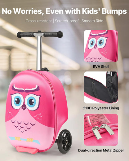 VEVOR Ride-on Luggage, 20 L Capacity, 20 Inches Kids Scooter Suitcase with Flash PU Wheels, Adjustable Handle & TPR Non-Slip Grip, Foldable & Lightweight Scooter Luggage for Kids Aged 5+, Pink