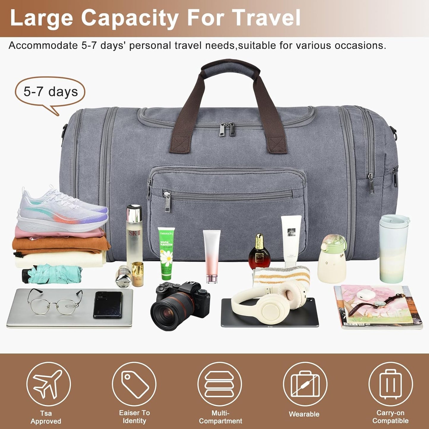 Felipe Varela 60L Duffle Bag for Men, Large Expandable Canvas Duffel Bag for Travel, Mens Carry On Luggage Bag Traveling Weekender Gym Overnight Bags for Airplanes, Grey