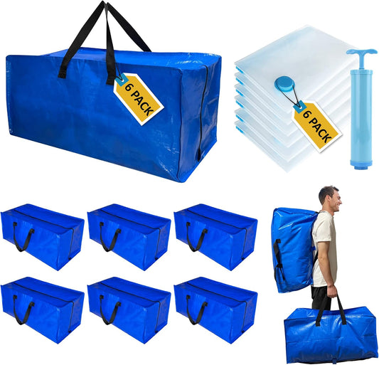 12 Pack Heavy Duty Extra Large Moving Bags with Backpack Straps & Large Vacuum Storage Bags Moving Supply Combo, Moving Totes with Handles & Zippers for Space Saving, Fold Flat, Includes Vacuum Bags