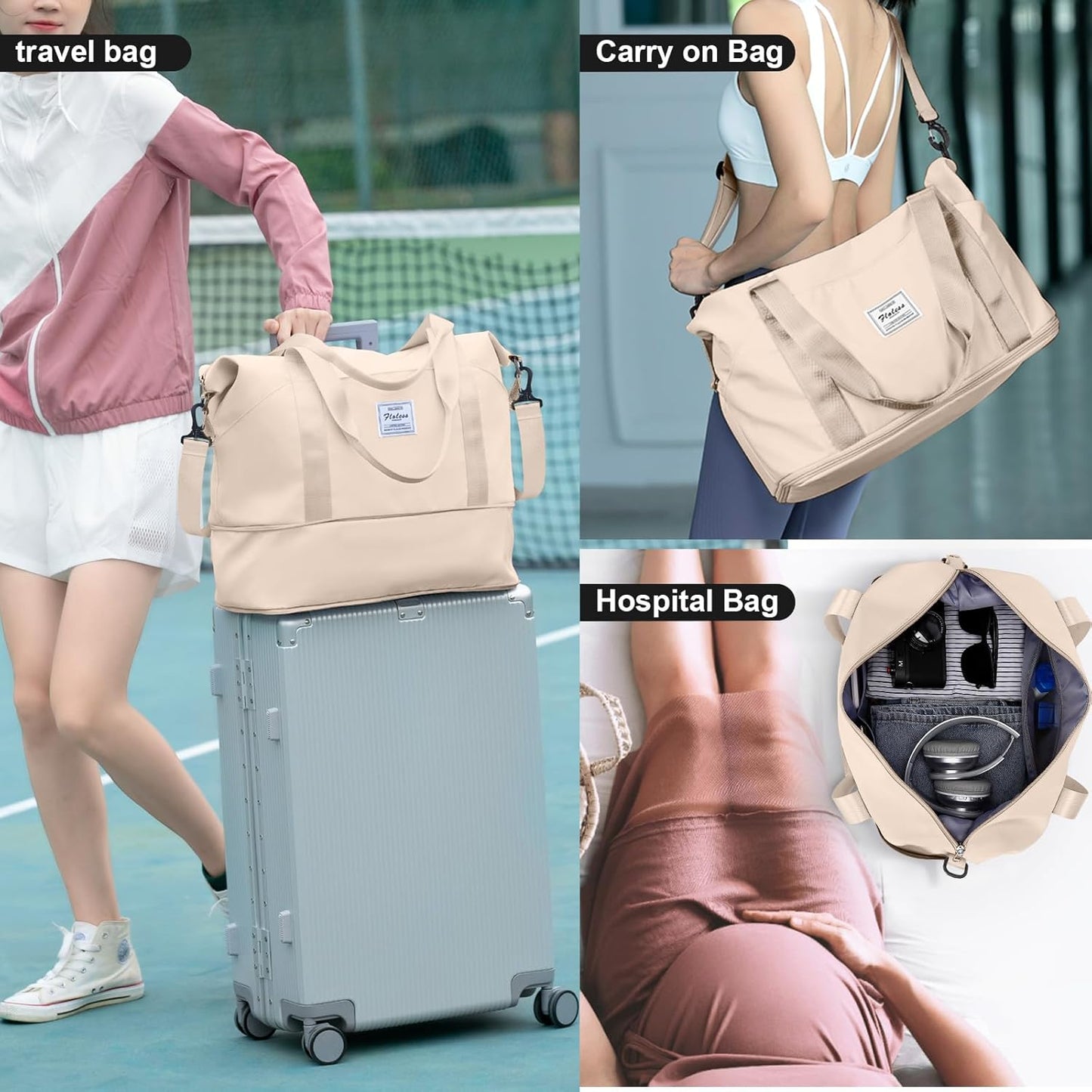 Travel Duffel Bag, Sports Tote Gym Bag, Shoulder Weekender Overnight Bag for Women